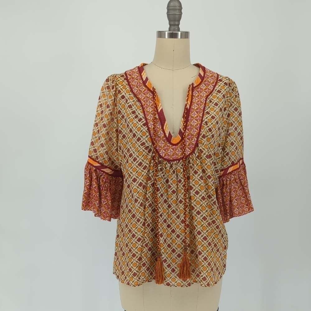 Talitha Mixed Print Flare Sleeves Blouse Top Orange Red S bohemian cottagecore